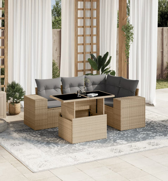 5-tlg. Garten-Sofagarnitur mit Kissen Beige Poly Rattan