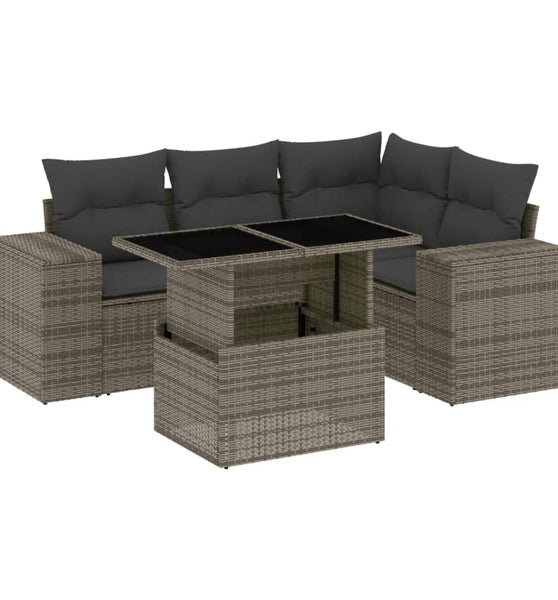 5-tlg. Garten-Sofagarnitur mit Kissen Grau Poly Rattan