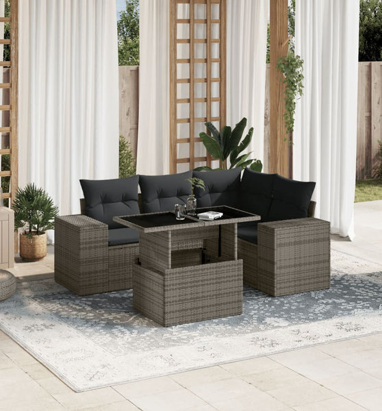 5-tlg. Garten-Sofagarnitur mit Kissen Grau Poly Rattan