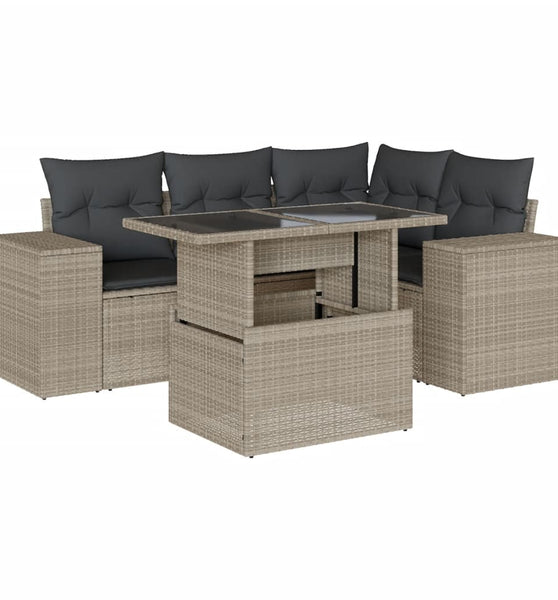 5-tlg. Garten-Sofagarnitur mit Kissen Hellgrau Poly Rattan