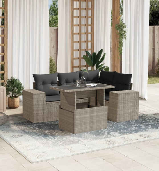 5-tlg. Garten-Sofagarnitur mit Kissen Hellgrau Poly Rattan