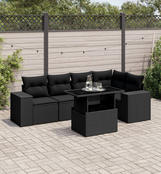 6-tlg. Garten-Sofagarnitur mit Kissen Schwarz Poly Rattan