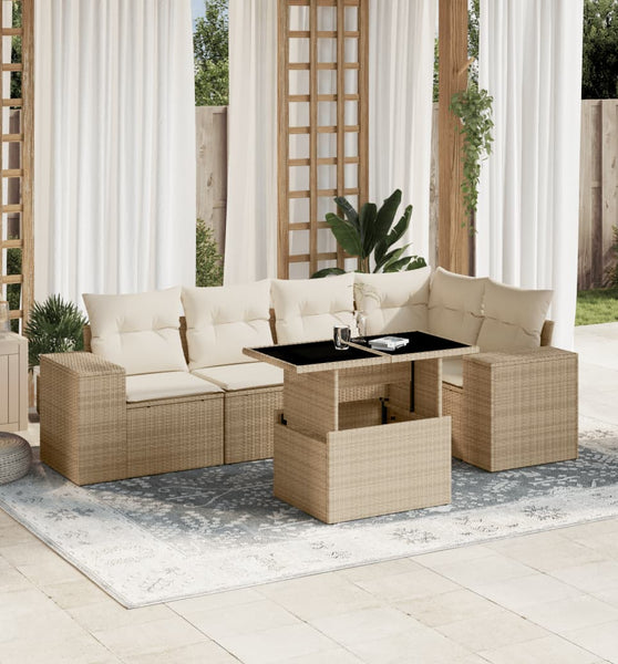 6-tlg. Garten-Sofagarnitur mit Kissen Beige Poly Rattan