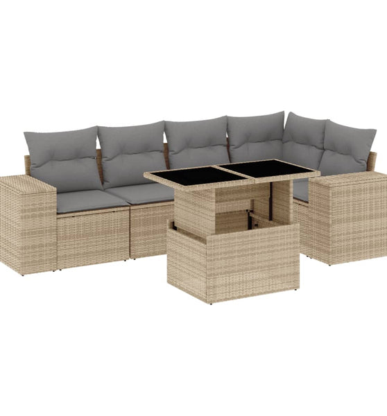 6-tlg. Garten-Sofagarnitur mit Kissen Beige Poly Rattan