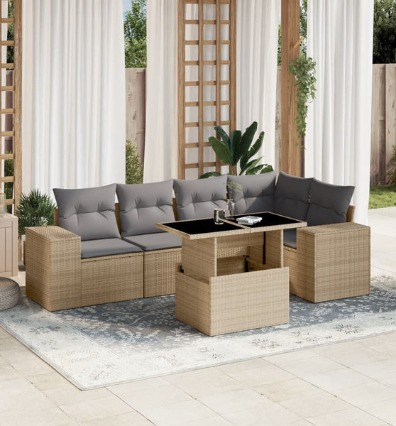 6-tlg. Garten-Sofagarnitur mit Kissen Beige Poly Rattan