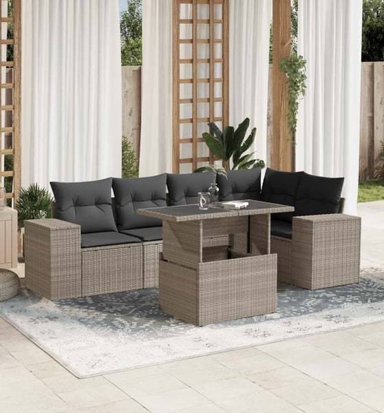 6-tlg. Garten-Sofagarnitur mit Kissen Hellgrau Poly Rattan