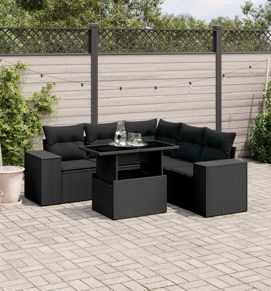 6-tlg. Garten-Sofagarnitur mit Kissen Schwarz Poly Rattan