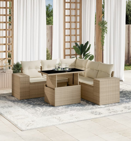 6-tlg. Garten-Sofagarnitur mit Kissen Beige Poly Rattan