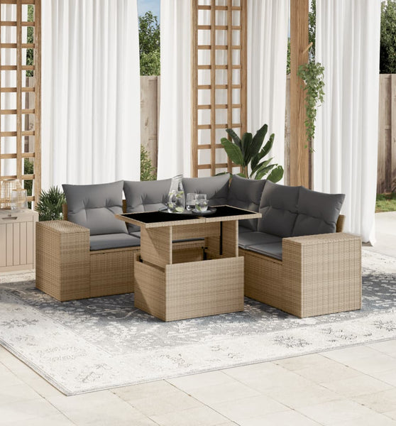 6-tlg. Garten-Sofagarnitur mit Kissen Beige Poly Rattan