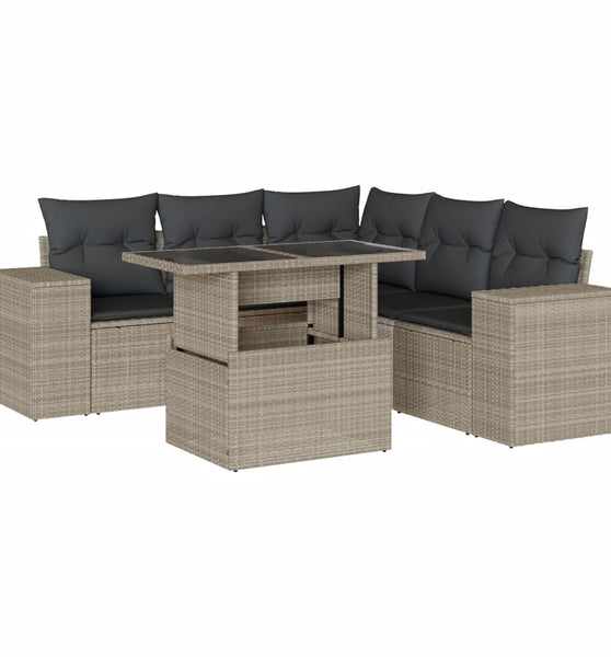 6-tlg. Garten-Sofagarnitur mit Kissen Hellgrau Poly Rattan