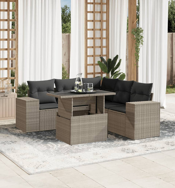 6-tlg. Garten-Sofagarnitur mit Kissen Hellgrau Poly Rattan