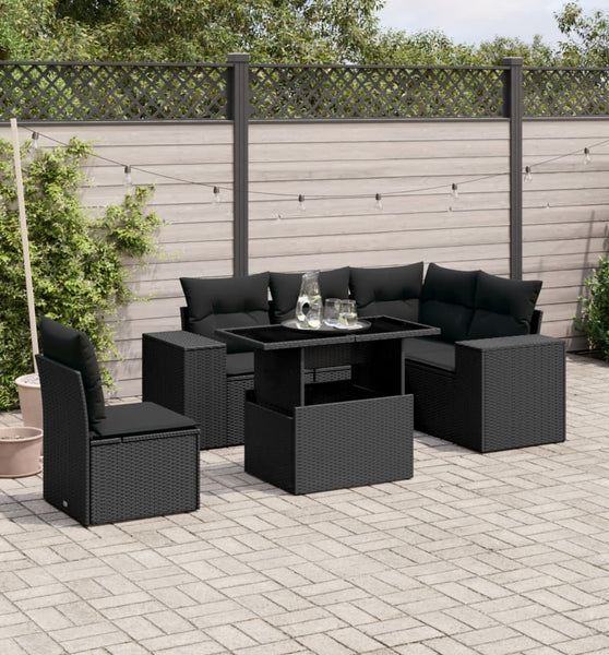 6-tlg. Garten-Sofagarnitur mit Kissen Schwarz Poly Rattan