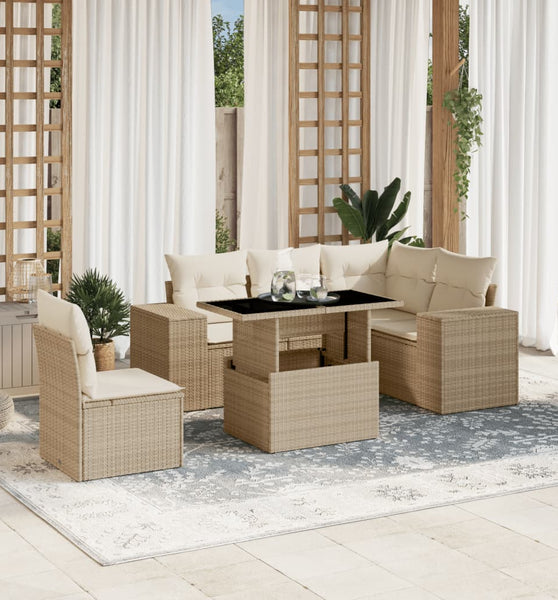 6-tlg. Garten-Sofagarnitur mit Kissen Beige Poly Rattan