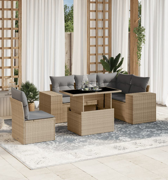 6-tlg. Garten-Sofagarnitur mit Kissen Beige Poly Rattan