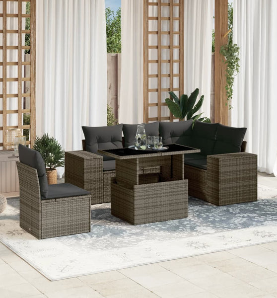 6-tlg. Garten-Sofagarnitur mit Kissen Grau Poly Rattan