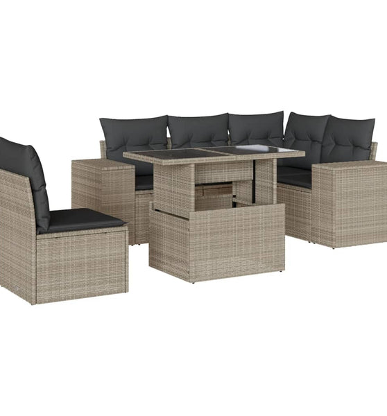 6-tlg. Garten-Sofagarnitur mit Kissen Hellgrau Poly Rattan