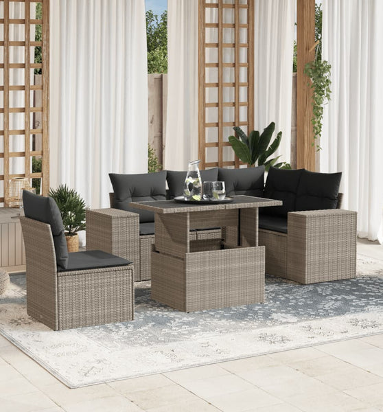 6-tlg. Garten-Sofagarnitur mit Kissen Hellgrau Poly Rattan