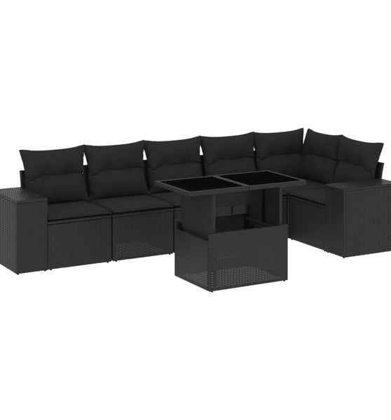 7-tlg. Garten-Sofagarnitur mit Kissen Schwarz Poly Rattan