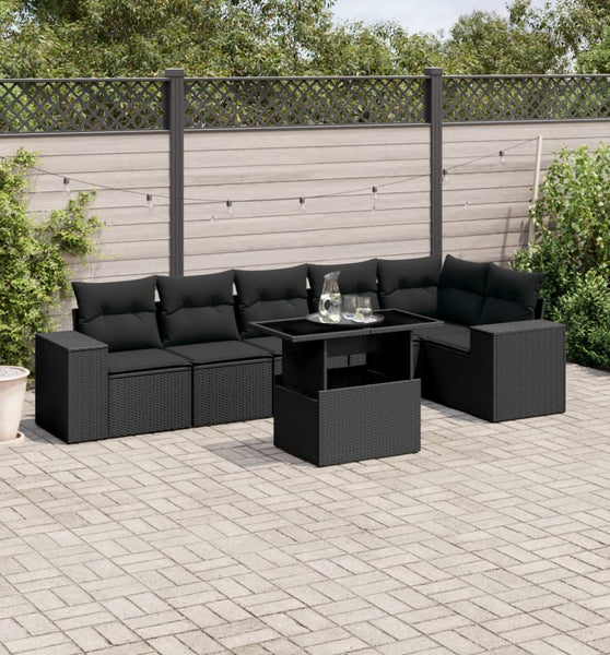 7-tlg. Garten-Sofagarnitur mit Kissen Schwarz Poly Rattan