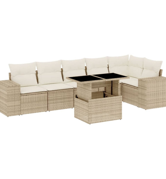 7-tlg. Garten-Sofagarnitur mit Kissen Beige Poly Rattan