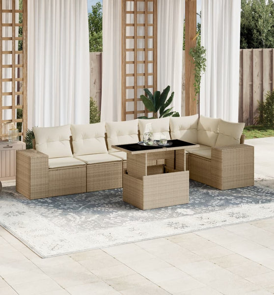 7-tlg. Garten-Sofagarnitur mit Kissen Beige Poly Rattan