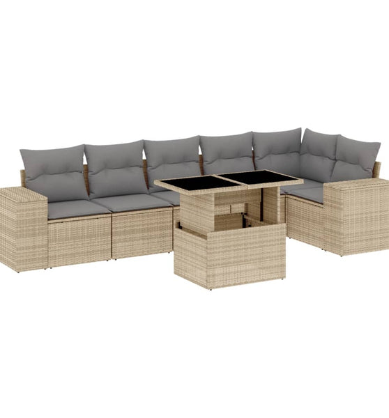 7-tlg. Garten-Sofagarnitur mit Kissen Beige Poly Rattan
