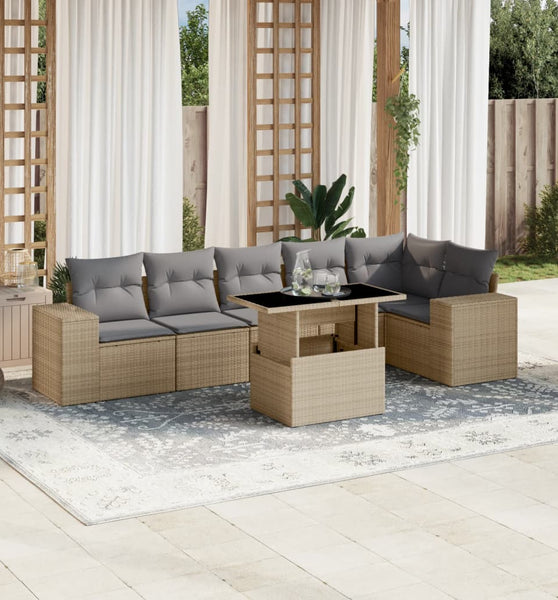 7-tlg. Garten-Sofagarnitur mit Kissen Beige Poly Rattan
