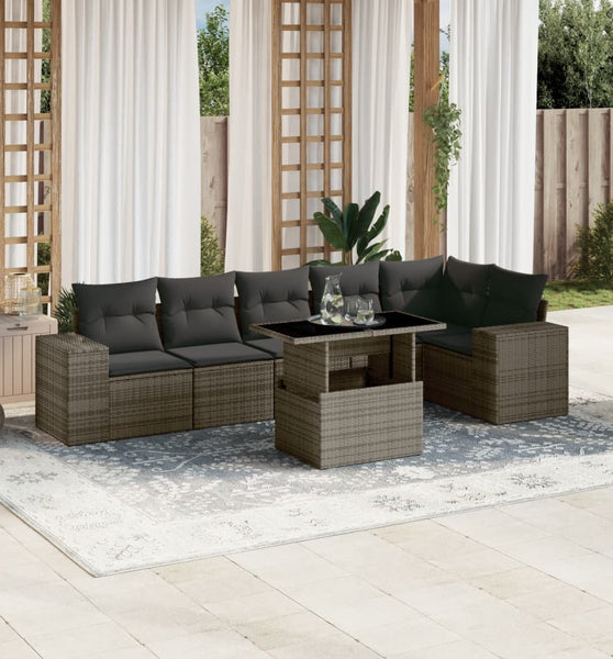 7-tlg. Garten-Sofagarnitur mit Kissen Grau Poly Rattan