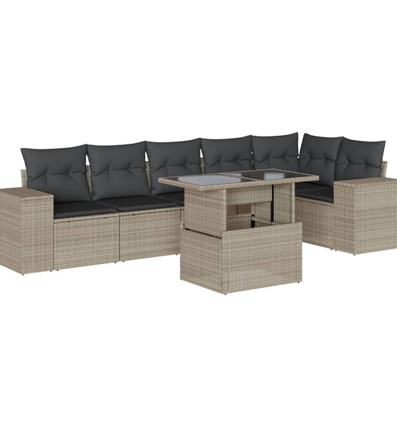 7-tlg. Garten-Sofagarnitur mit Kissen Hellgrau Poly Rattan