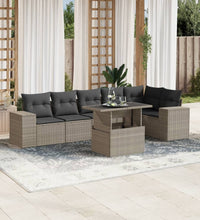 7-tlg. Garten-Sofagarnitur mit Kissen Hellgrau Poly Rattan