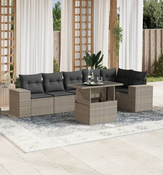 7-tlg. Garten-Sofagarnitur mit Kissen Hellgrau Poly Rattan