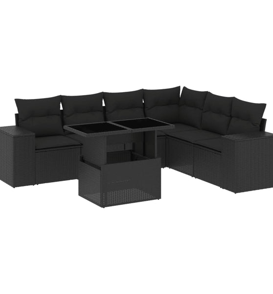 7-tlg. Garten-Sofagarnitur mit Kissen Schwarz Poly Rattan