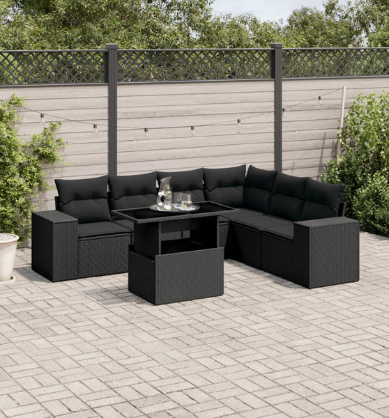 7-tlg. Garten-Sofagarnitur mit Kissen Schwarz Poly Rattan