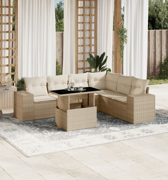 7-tlg. Garten-Sofagarnitur mit Kissen Beige Poly Rattan