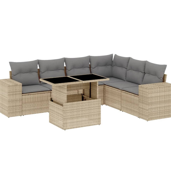 7-tlg. Garten-Sofagarnitur mit Kissen Beige Poly Rattan