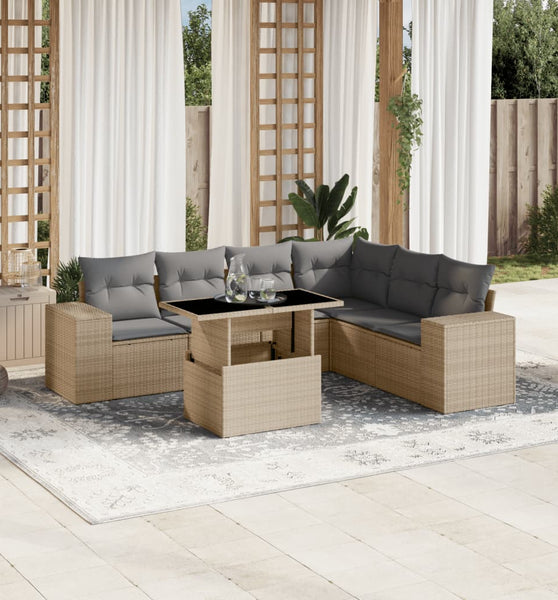 7-tlg. Garten-Sofagarnitur mit Kissen Beige Poly Rattan
