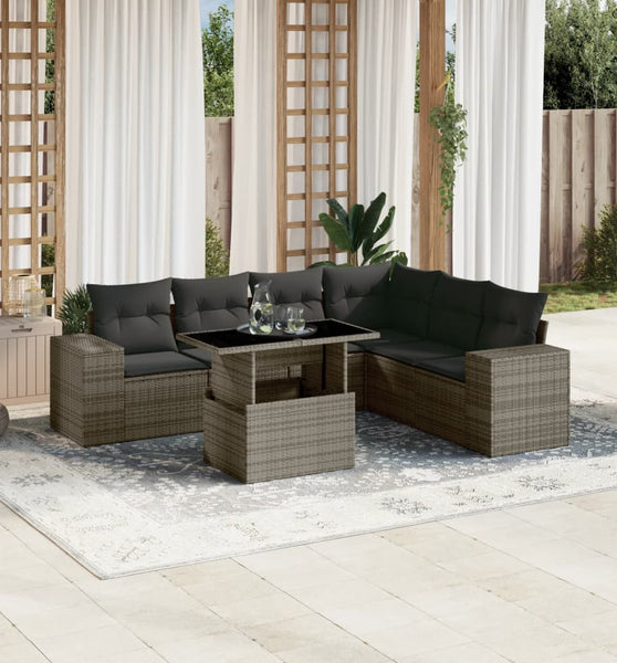 7-tlg. Garten-Sofagarnitur mit Kissen Grau Poly Rattan