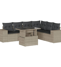 7-tlg. Garten-Sofagarnitur mit Kissen Hellgrau Poly Rattan