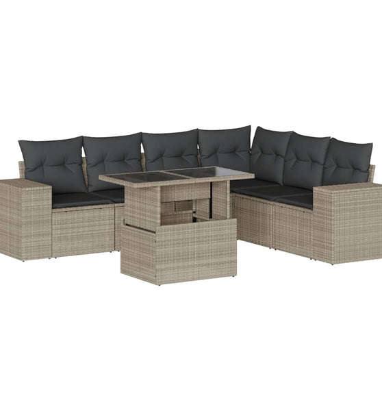 7-tlg. Garten-Sofagarnitur mit Kissen Hellgrau Poly Rattan