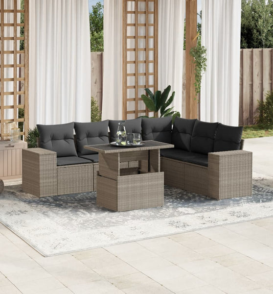 7-tlg. Garten-Sofagarnitur mit Kissen Hellgrau Poly Rattan
