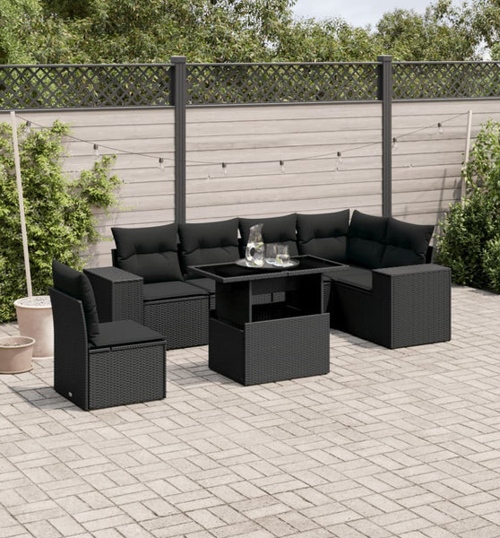 7-tlg. Garten-Sofagarnitur mit Kissen Schwarz Poly Rattan