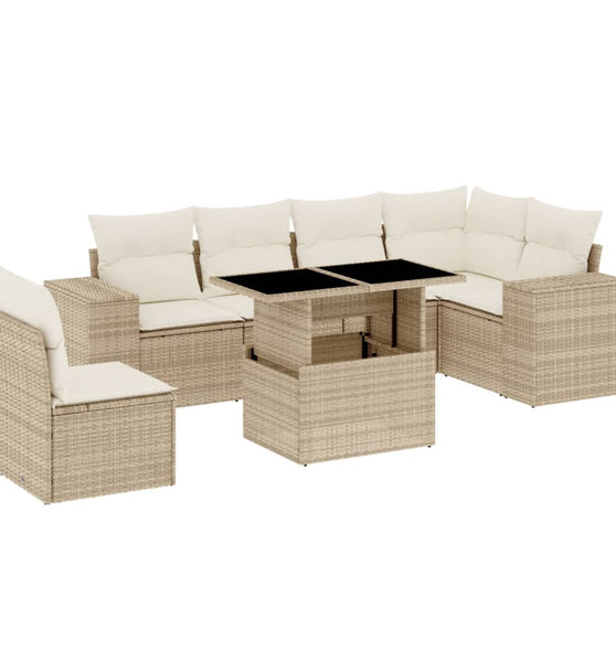 7-tlg. Garten-Sofagarnitur mit Kissen Beige Poly Rattan