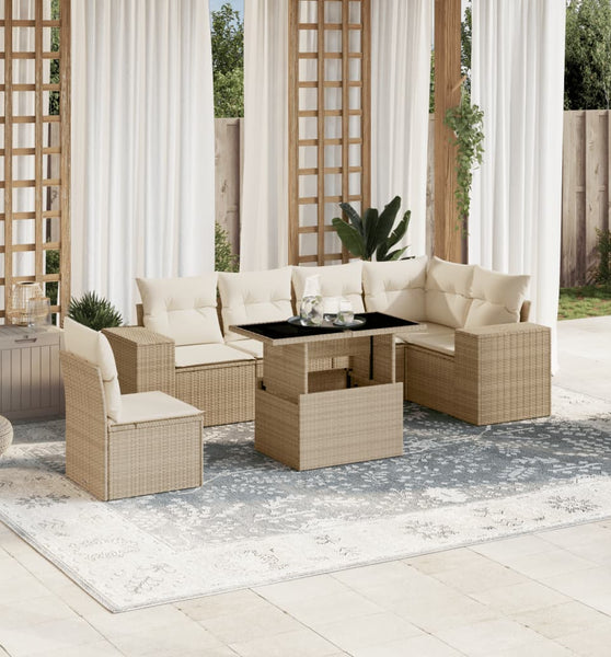 7-tlg. Garten-Sofagarnitur mit Kissen Beige Poly Rattan