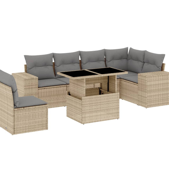 7-tlg. Garten-Sofagarnitur mit Kissen Beige Poly Rattan