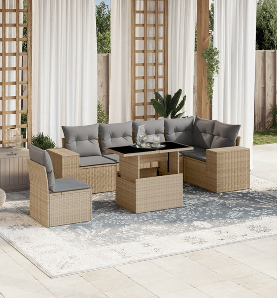 7-tlg. Garten-Sofagarnitur mit Kissen Beige Poly Rattan