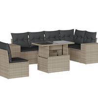 7-tlg. Garten-Sofagarnitur mit Kissen Hellgrau Poly Rattan