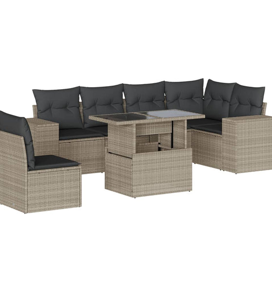 7-tlg. Garten-Sofagarnitur mit Kissen Hellgrau Poly Rattan