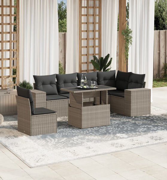 7-tlg. Garten-Sofagarnitur mit Kissen Hellgrau Poly Rattan