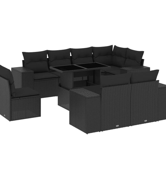 9-tlg. Garten-Sofagarnitur mit Kissen Schwarz Poly Rattan
