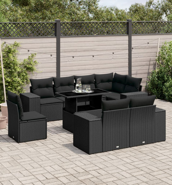 9-tlg. Garten-Sofagarnitur mit Kissen Schwarz Poly Rattan